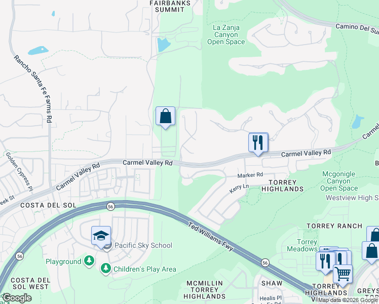 map of restaurants, bars, coffee shops, grocery stores, and more near 7505 Collins Ranch Terrace in San Diego