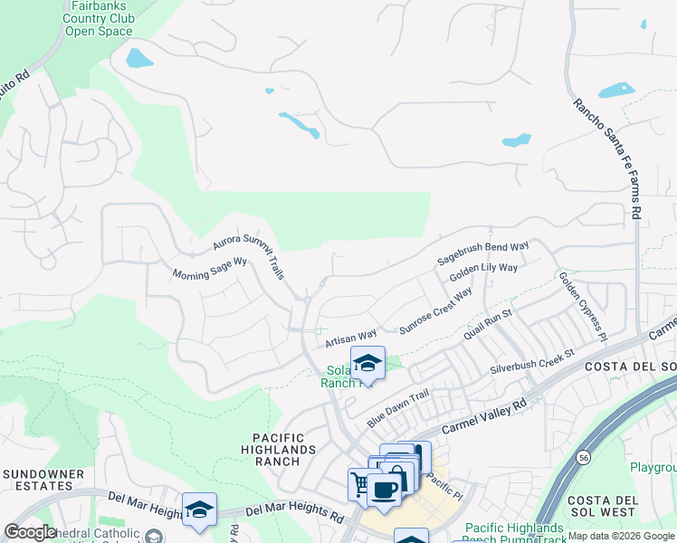 map of restaurants, bars, coffee shops, grocery stores, and more near 6167 Lemonglaze Court in San Diego