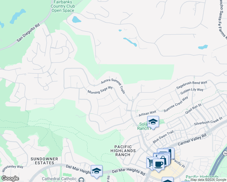 map of restaurants, bars, coffee shops, grocery stores, and more near 5400 Morning Sage Way in San Diego
