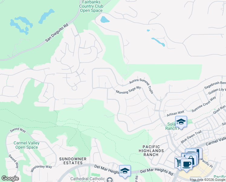 map of restaurants, bars, coffee shops, grocery stores, and more near 5330 Morning Sage Way in San Diego