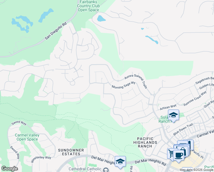 map of restaurants, bars, coffee shops, grocery stores, and more near 5330 Morning Sage Way in San Diego
