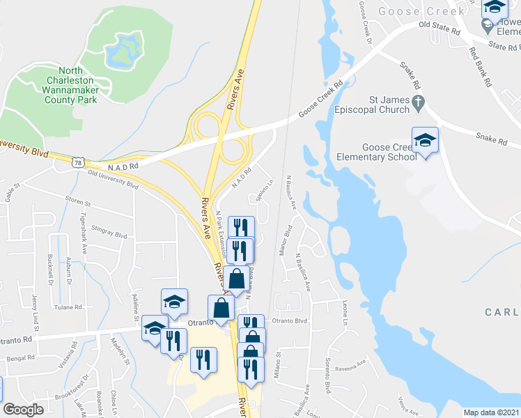 map of restaurants, bars, coffee shops, grocery stores, and more near 2151 Spoleto Lane in North Charleston