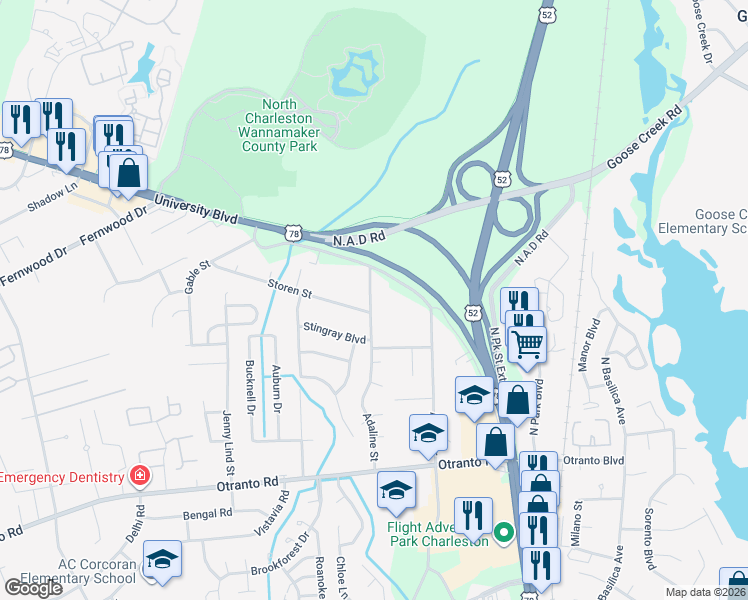 map of restaurants, bars, coffee shops, grocery stores, and more near 8875 Old University Boulevard in Charleston