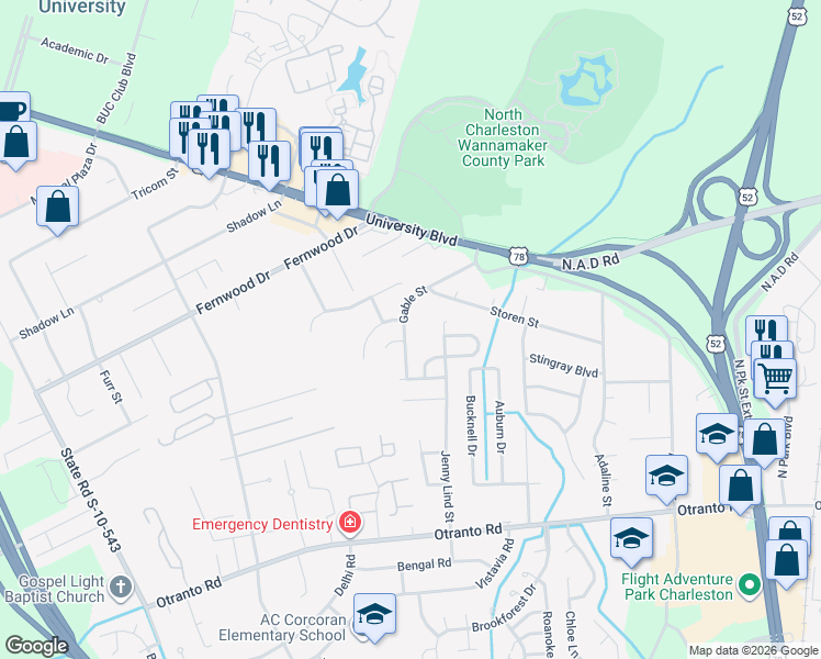 map of restaurants, bars, coffee shops, grocery stores, and more near 8875 Gable Street in North Charleston
