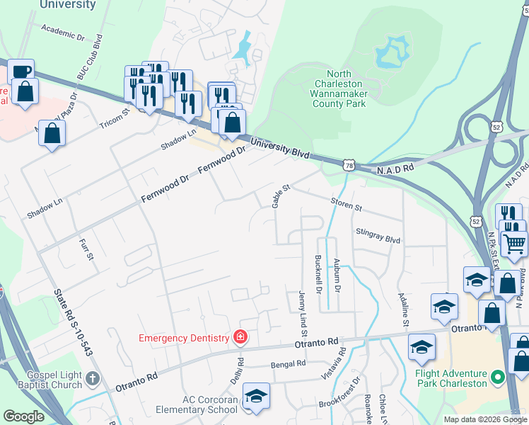 map of restaurants, bars, coffee shops, grocery stores, and more near 8875 Gable Street in North Charleston