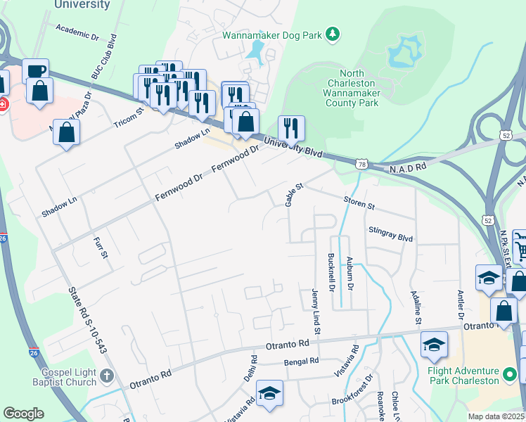 map of restaurants, bars, coffee shops, grocery stores, and more near 2605 Spivey Court in North Charleston