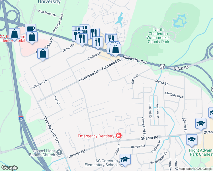 map of restaurants, bars, coffee shops, grocery stores, and more near 2705 Fernwood Drive in North Charleston