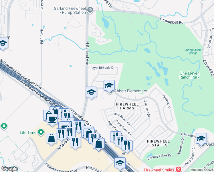 map of restaurants, bars, coffee shops, grocery stores, and more near 717 Singing Hills Drive in Garland
