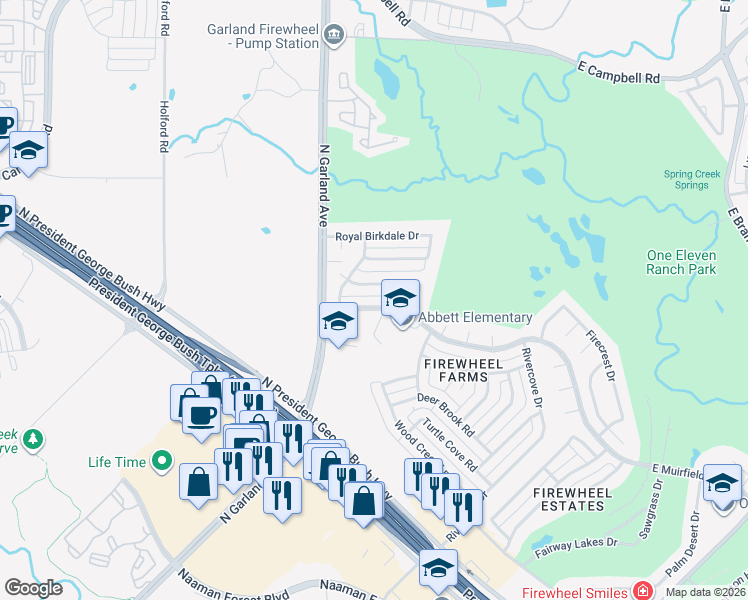 map of restaurants, bars, coffee shops, grocery stores, and more near 817 Singing Hills Drive in Garland