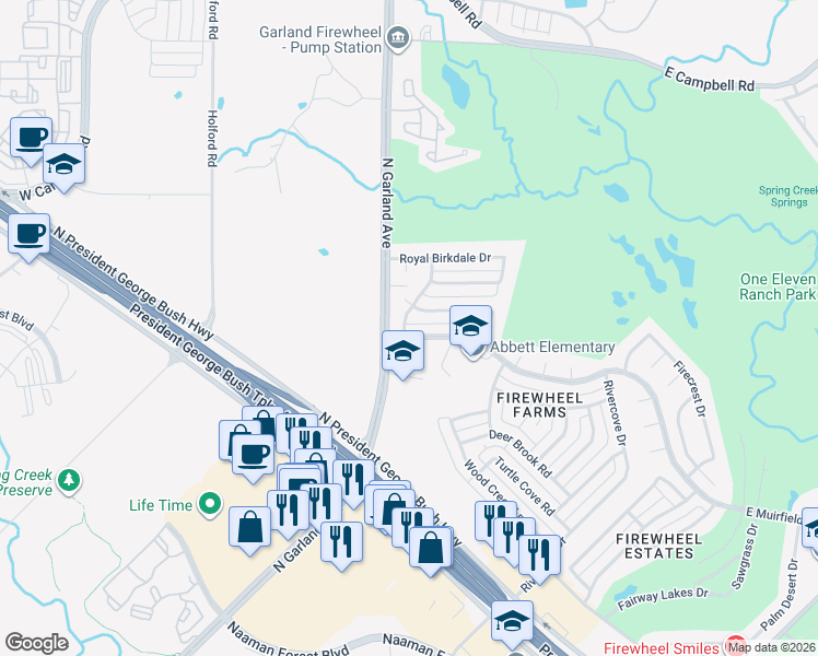map of restaurants, bars, coffee shops, grocery stores, and more near 902 Sunningdale Circle in Garland