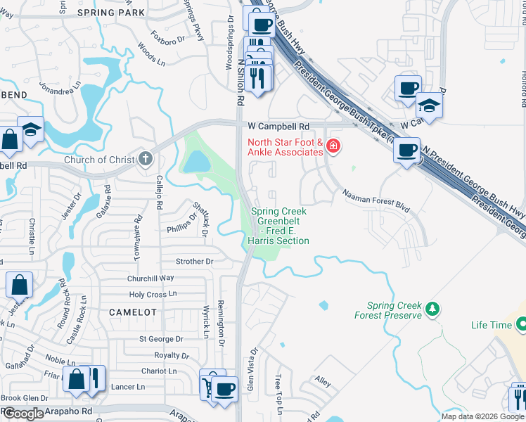 map of restaurants, bars, coffee shops, grocery stores, and more near 6134 North Shiloh Road in Garland