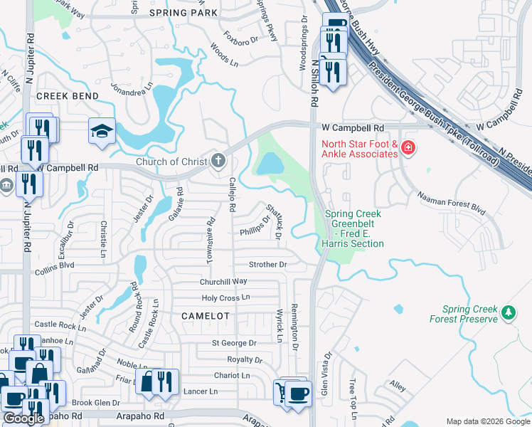 map of restaurants, bars, coffee shops, grocery stores, and more near 6210 Shattuck Drive in Garland