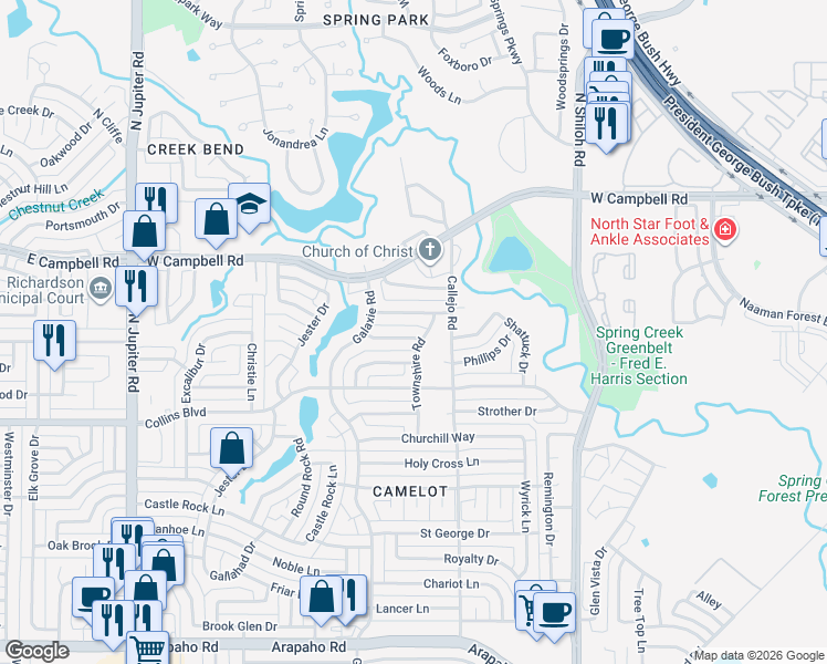 map of restaurants, bars, coffee shops, grocery stores, and more near 2909 Hazelwood Drive in Garland