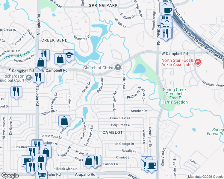 map of restaurants, bars, coffee shops, grocery stores, and more near 2909 Hazelwood Drive in Garland