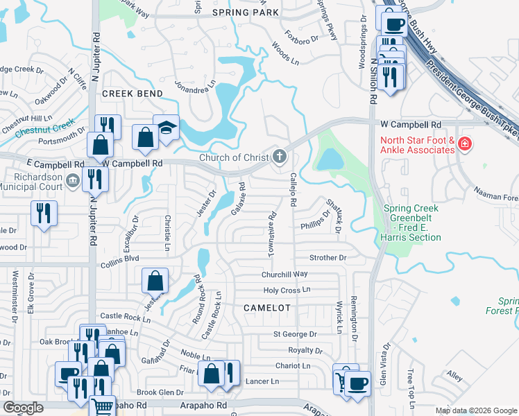 map of restaurants, bars, coffee shops, grocery stores, and more near 2909 Hazelwood Drive in Garland