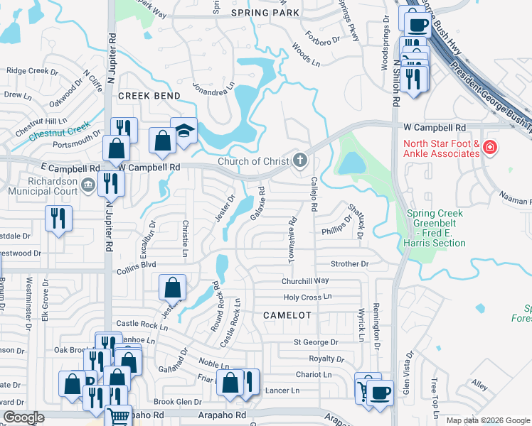 map of restaurants, bars, coffee shops, grocery stores, and more near 6201 Galaxie Road in Garland