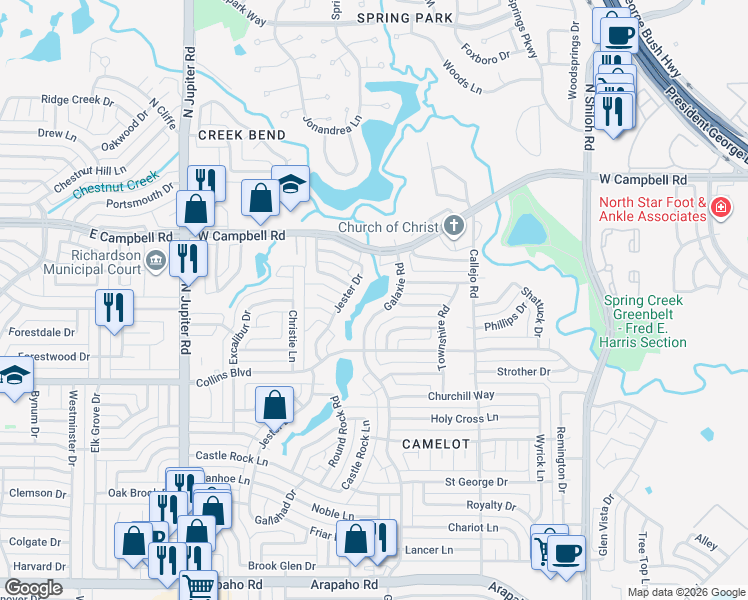 map of restaurants, bars, coffee shops, grocery stores, and more near 5906 Jester Drive in Garland