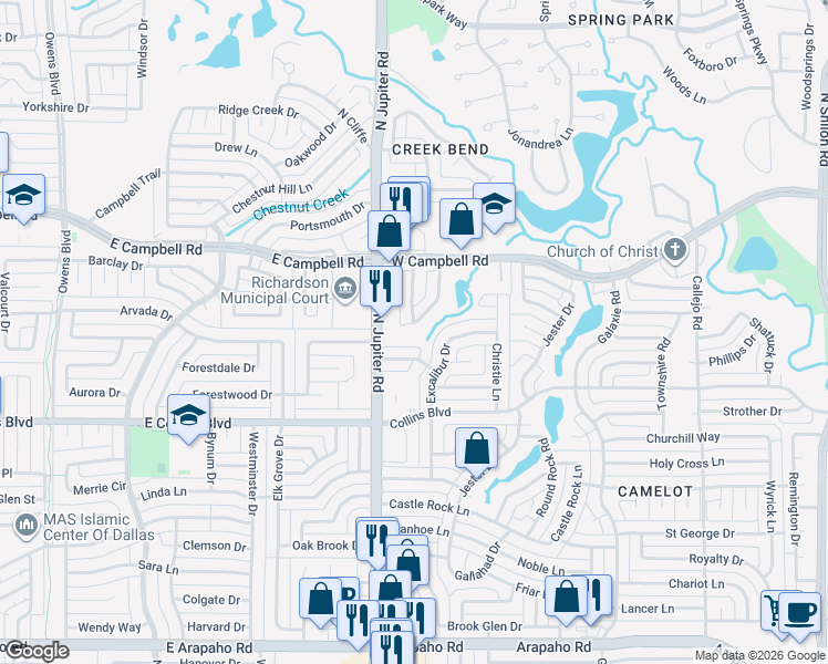 map of restaurants, bars, coffee shops, grocery stores, and more near 6117 Clear Creek Drive in Garland