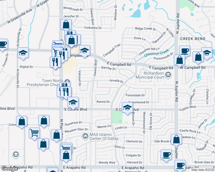 map of restaurants, bars, coffee shops, grocery stores, and more near 1702 Arvada Drive in Richardson