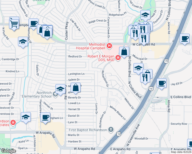 map of restaurants, bars, coffee shops, grocery stores, and more near 1612 Lorrie Drive in Richardson