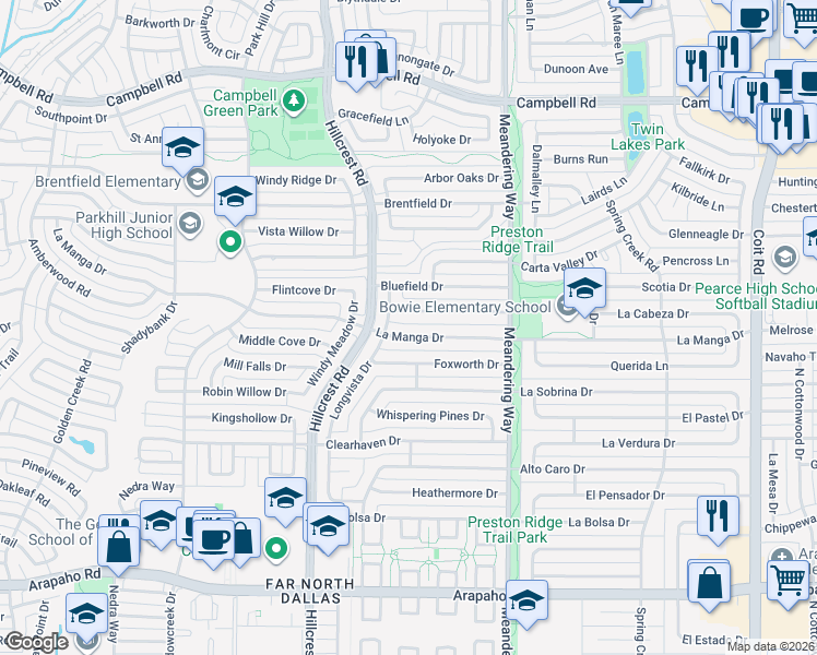 map of restaurants, bars, coffee shops, grocery stores, and more near 7207 Authon Drive in Dallas