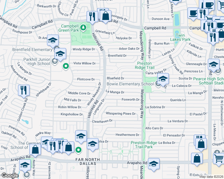 map of restaurants, bars, coffee shops, grocery stores, and more near 7207 Authon Drive in Dallas