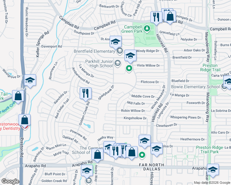 map of restaurants, bars, coffee shops, grocery stores, and more near 16339 Shadybank Drive in Dallas