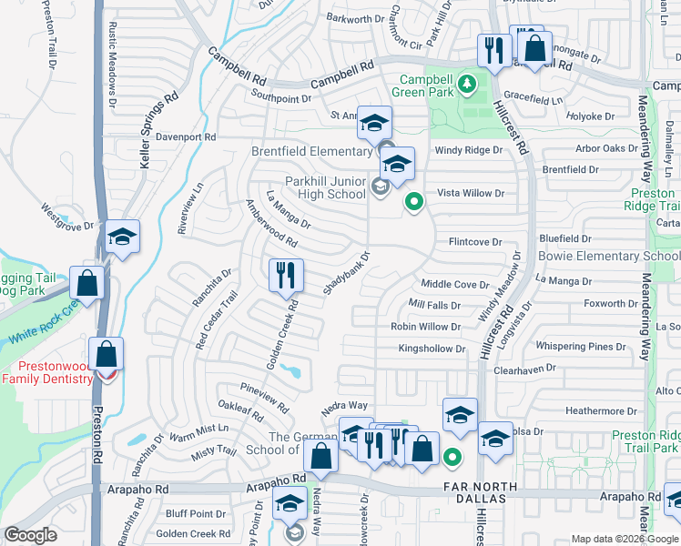 map of restaurants, bars, coffee shops, grocery stores, and more near 16127 Amberwood Road in Dallas