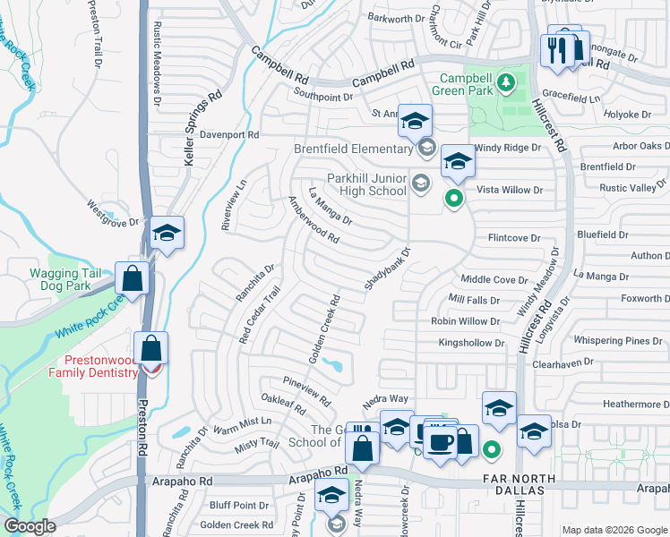 map of restaurants, bars, coffee shops, grocery stores, and more near 16215 Amberwood Road in Dallas