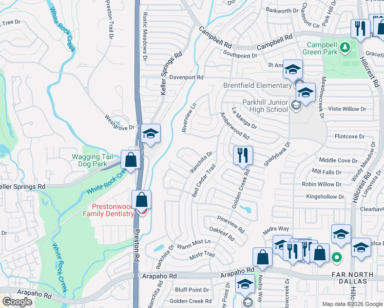 map of restaurants, bars, coffee shops, grocery stores, and more near 6016 Twin Coves Street in Dallas