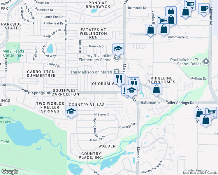 map of restaurants, bars, coffee shops, grocery stores, and more near 2835 Keller Springs Road in Carrollton