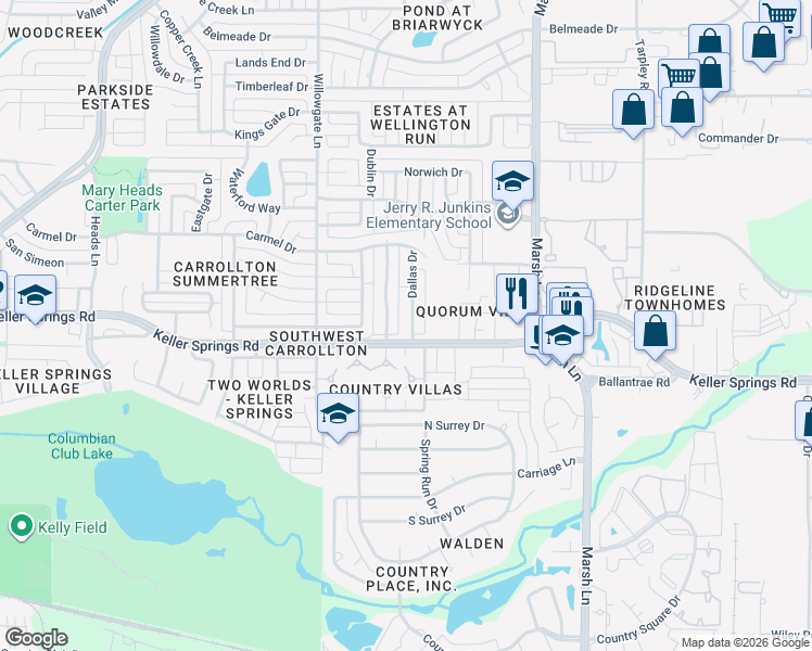 map of restaurants, bars, coffee shops, grocery stores, and more near 2221 Dallas Drive in Carrollton