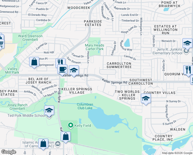 map of restaurants, bars, coffee shops, grocery stores, and more near 2500 Brooke Trail in Carrollton