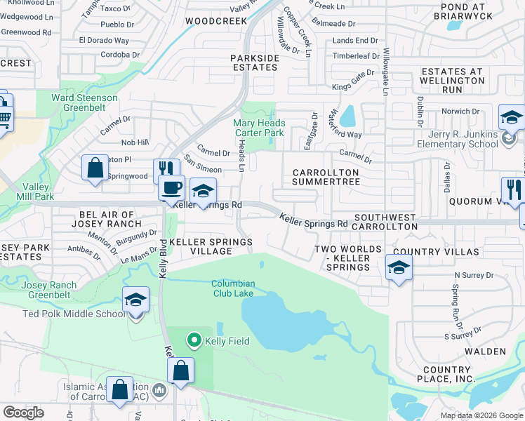map of restaurants, bars, coffee shops, grocery stores, and more near 2500 Brooke Trail in Carrollton