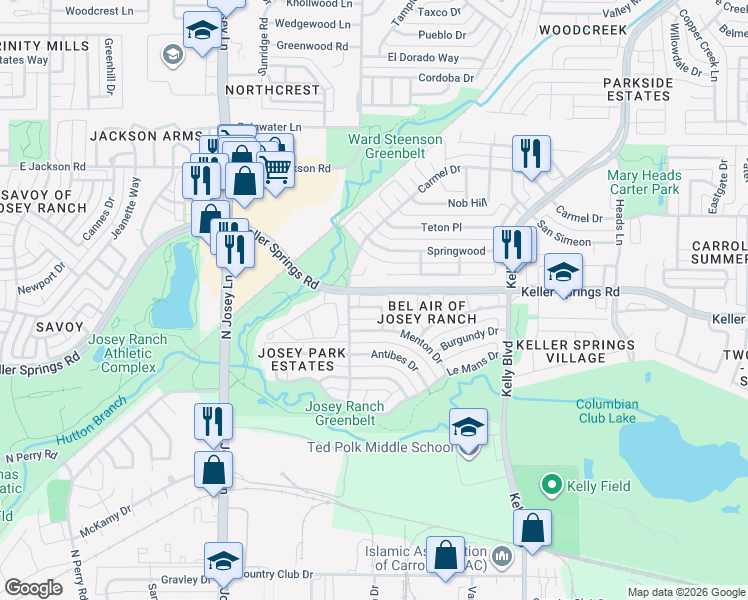map of restaurants, bars, coffee shops, grocery stores, and more near 2104 Tiburon Way in Carrollton