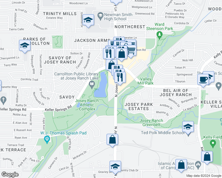 map of restaurants, bars, coffee shops, grocery stores, and more near 2121 North Josey Lane in Carrollton