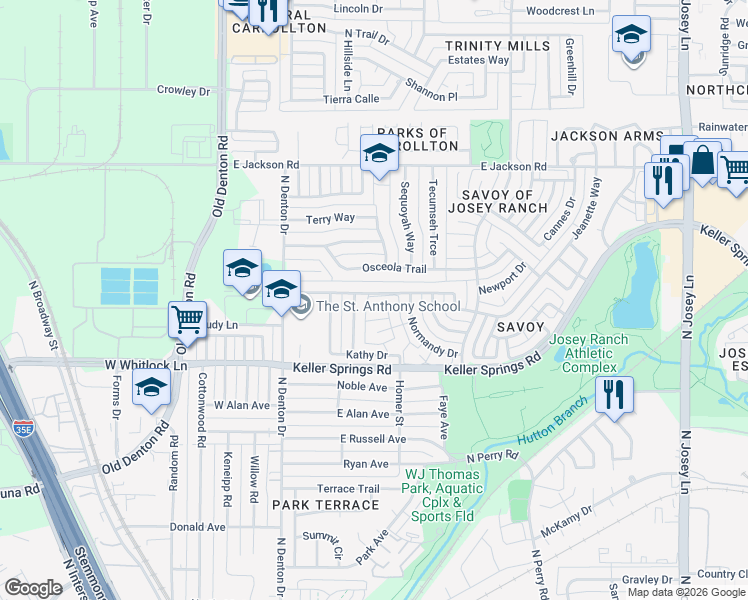 map of restaurants, bars, coffee shops, grocery stores, and more near 1201 Jeanette Way in Carrollton
