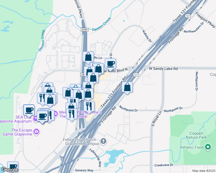 map of restaurants, bars, coffee shops, grocery stores, and more near 3155 Stars and Stripes Way in Grapevine