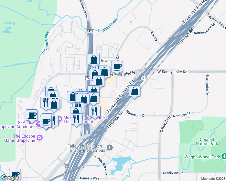 map of restaurants, bars, coffee shops, grocery stores, and more near 3155 Stars and Stripes Way in Grapevine