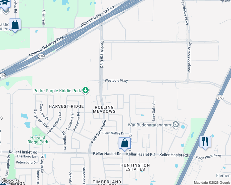 map of restaurants, bars, coffee shops, grocery stores, and more near 4500 Westport Parkway in Fort Worth