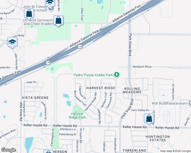 map of restaurants, bars, coffee shops, grocery stores, and more near 13285 Harvest Ridge Road in Fort Worth