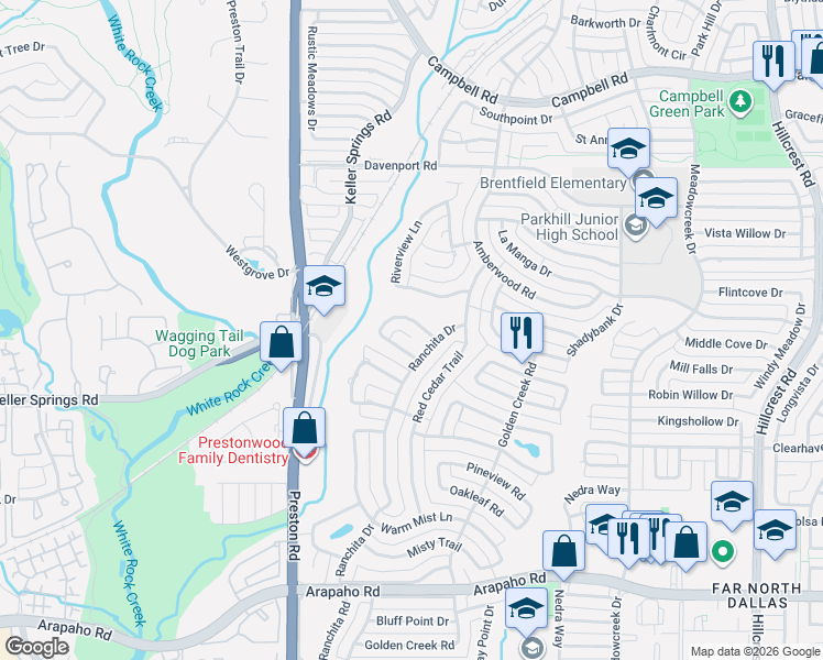 map of restaurants, bars, coffee shops, grocery stores, and more near 6016 Twin Coves Street in Dallas