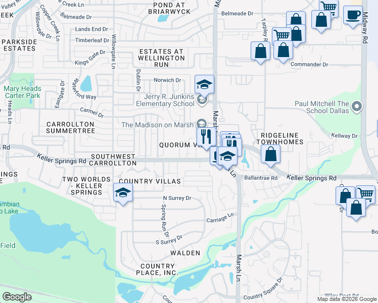 map of restaurants, bars, coffee shops, grocery stores, and more near 2835 Keller Springs Road in Carrollton