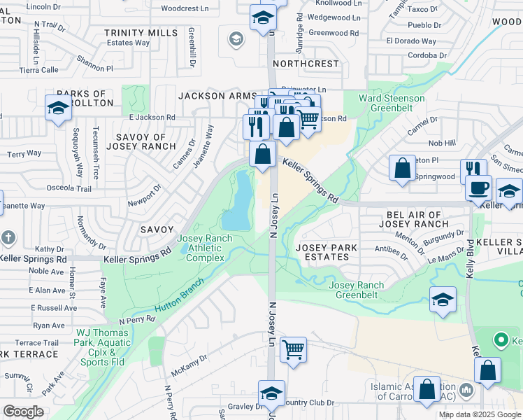 map of restaurants, bars, coffee shops, grocery stores, and more near 2105 North Josey Lane in Carrollton