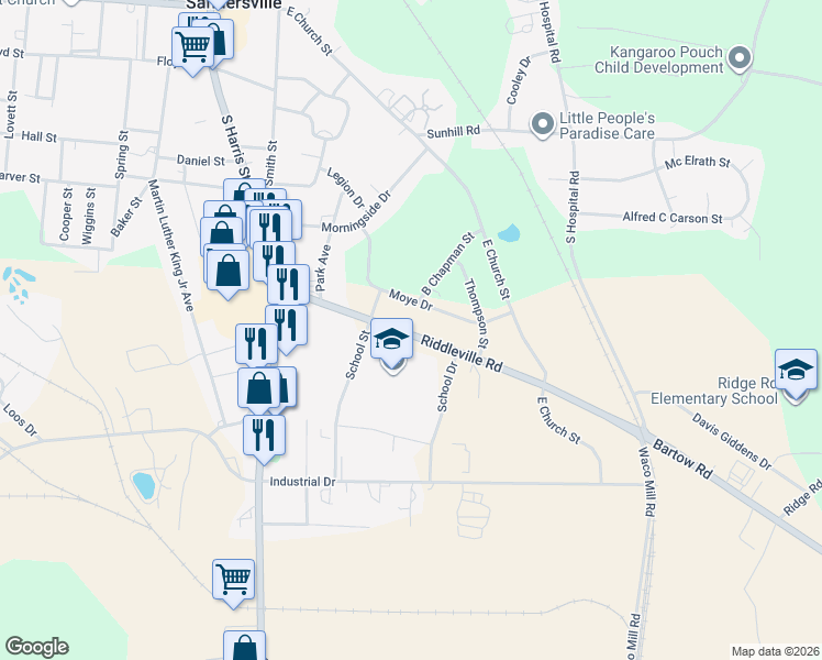 map of restaurants, bars, coffee shops, grocery stores, and more near 418 Moye Drive in Sandersville