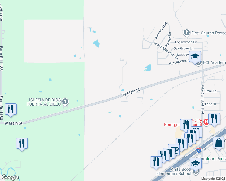 map of restaurants, bars, coffee shops, grocery stores, and more near 1630 West Main Street in Rockwall