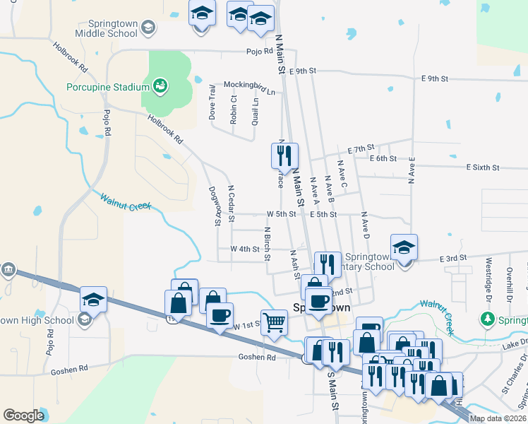 map of restaurants, bars, coffee shops, grocery stores, and more near 312 West 5th Street in Springtown