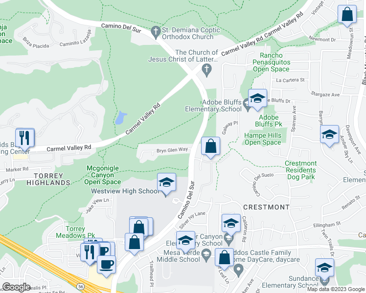 map of restaurants, bars, coffee shops, grocery stores, and more near 8328 Bryn Glen Way in San Diego