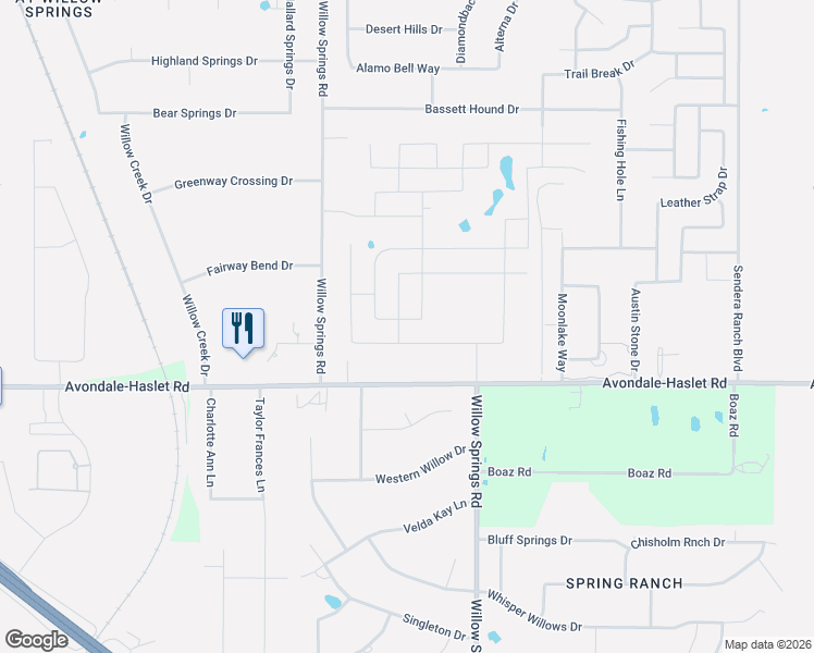 map of restaurants, bars, coffee shops, grocery stores, and more near 13390 Willow Springs Road in Haslet