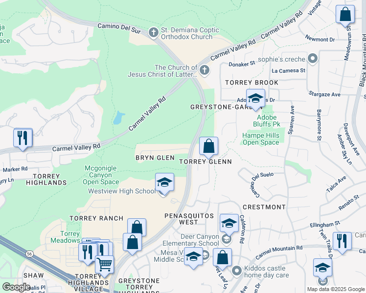 map of restaurants, bars, coffee shops, grocery stores, and more near 8332 Bryn Glen Way in San Diego